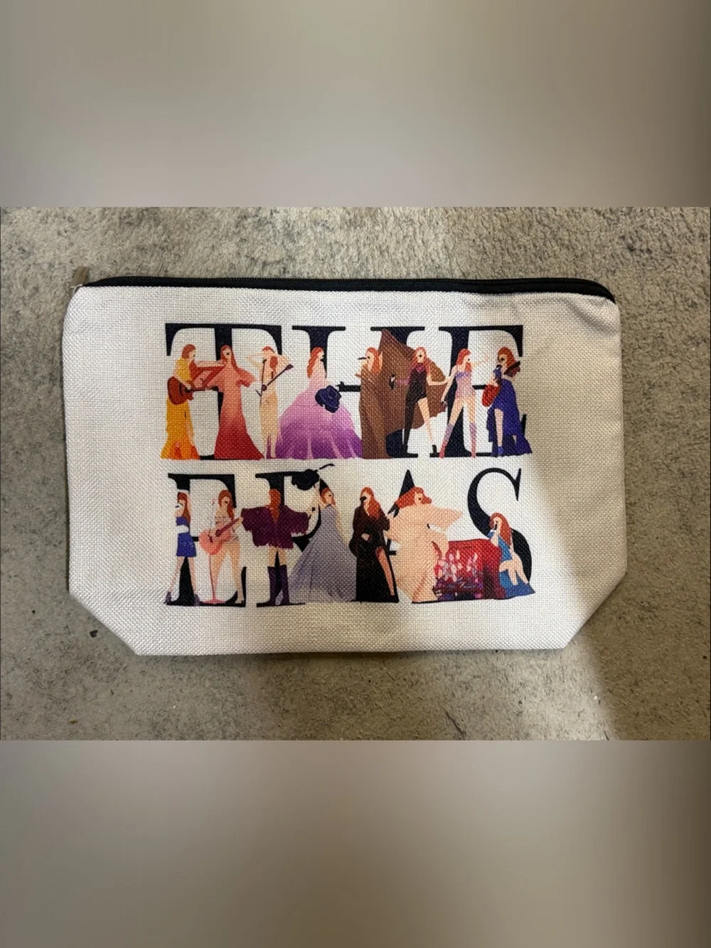 White Cosmetic Zip Pouch with Colorful Character Print